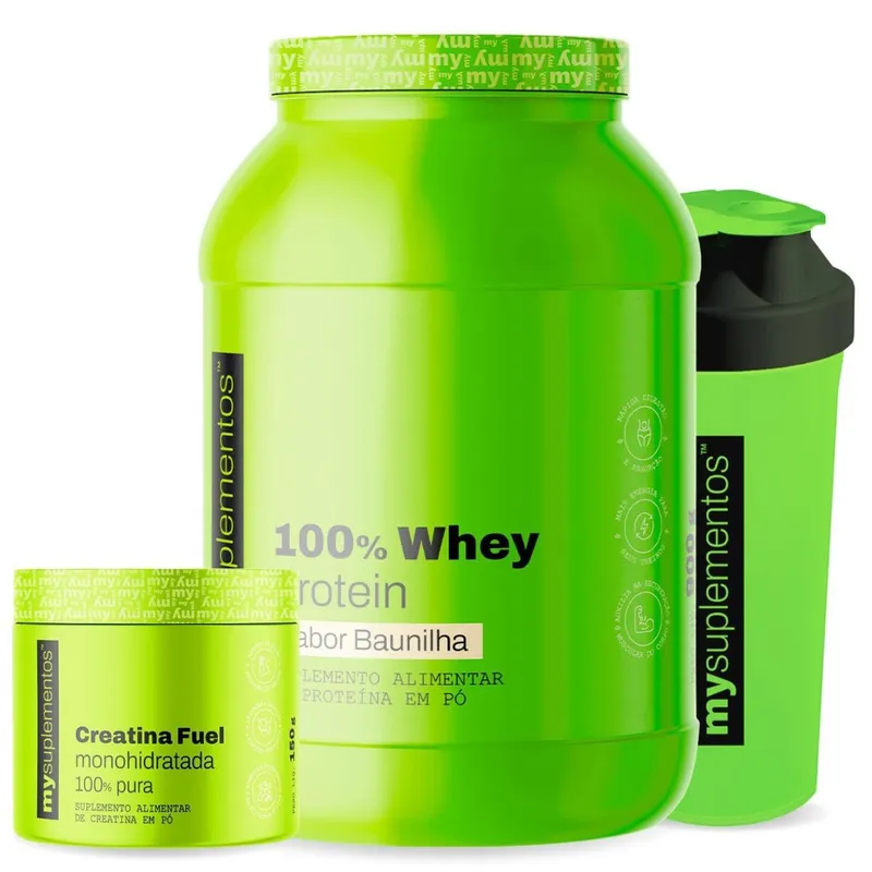 Kit Whey Protein Concentrado 900g, Creatina Pura 150g e Coqueteleira – My Suplementos