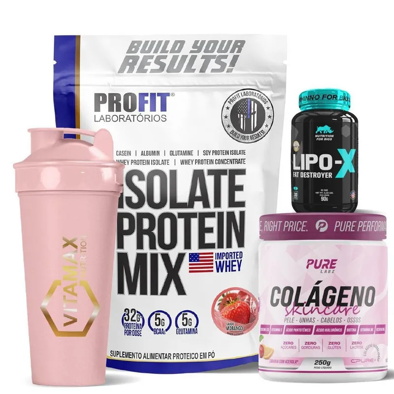 Whey Isolate Protein 900g + Colágeno Ácido Hialurônico 250g + Termogênico 60 Tabletes + Coqueteleira