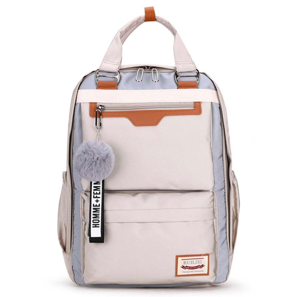 Mochila Escolar Feminina Bicolor com Chaveiro Puff e Espaço para Notebook