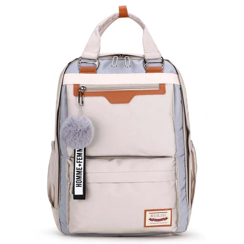 Mochila Escolar Feminina Bicolor com Chaveiro Puff e Espaço para Notebook