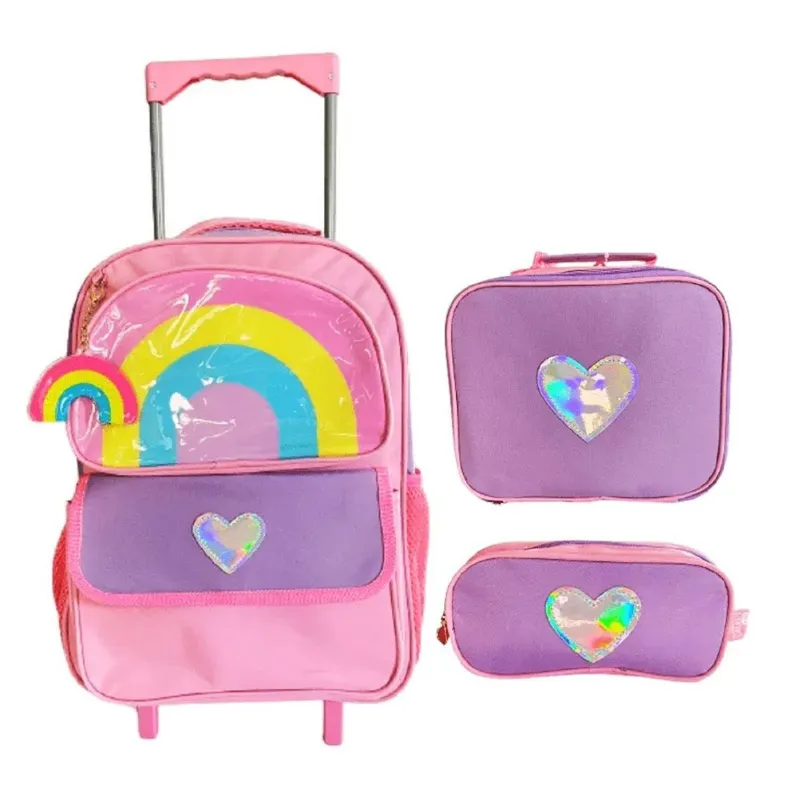 Kit Mochila Yins Escolar De Carrinho Infantil Menina + Lancheira + Estojo Kit Rainbow - Ref YS42178