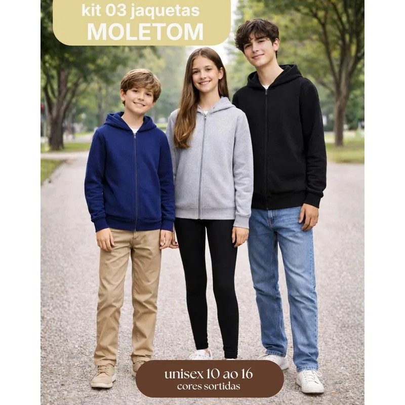 3 Blusas Jaqueta Moletom Flanelado Masculino Juvenil com Ziper Capuz Agasalho Roupa menino inverno