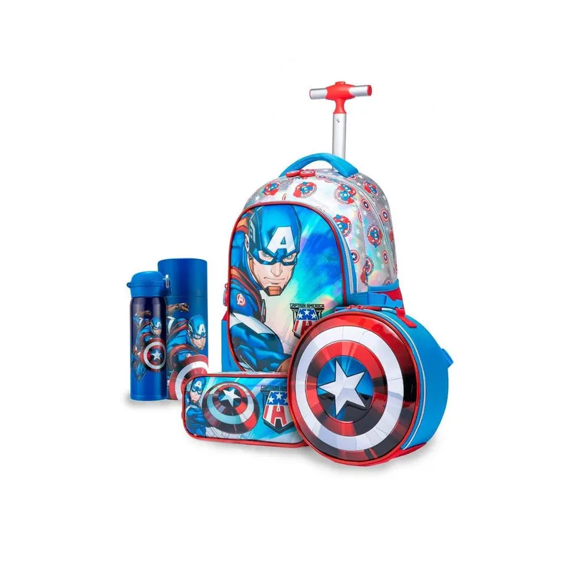 Kit Mochila Lancheira Estojo Garrafa Marvel Capitão América