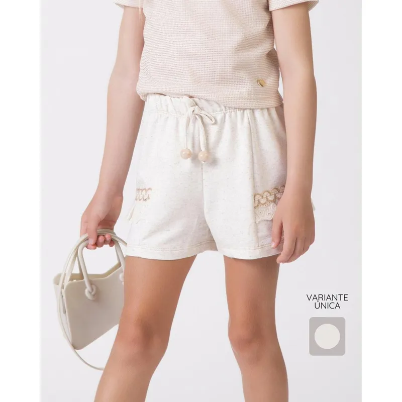 Shorts infantil bordado siganinha verão leve delicado divertido - Creme - Menina 4 a 14 anos