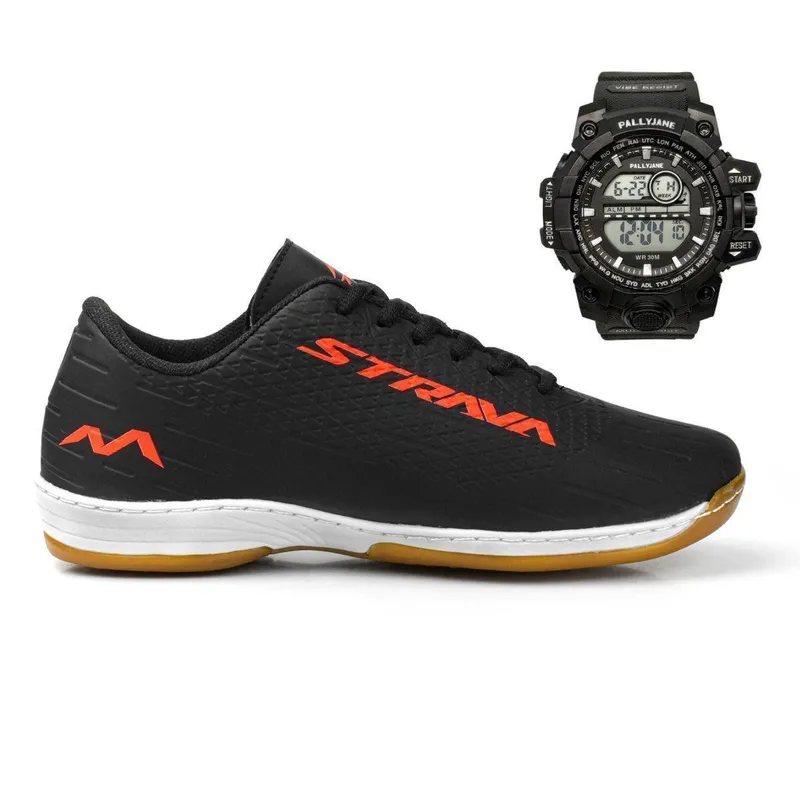 Chuteira Futsal Strava Clickshop Quadra Salão Costurada Infanto Juvenil + Relogio Digital