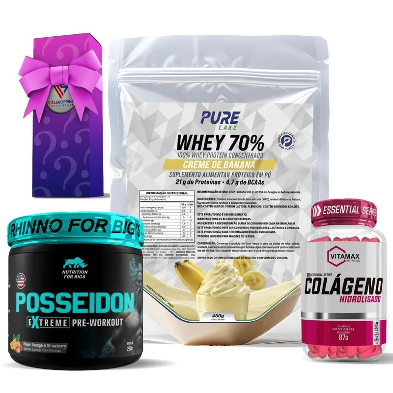 Kit Whey Protein Creme de Banana + Colágeno 120 Cápsulas Vitamax + Pré Treino Posseidon