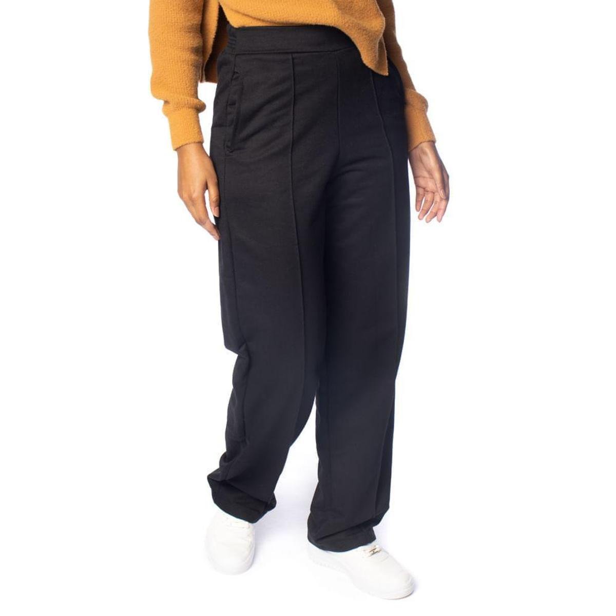 Calça Feminina Giraffe Frisos Cós Alto Tecido Leve Preto