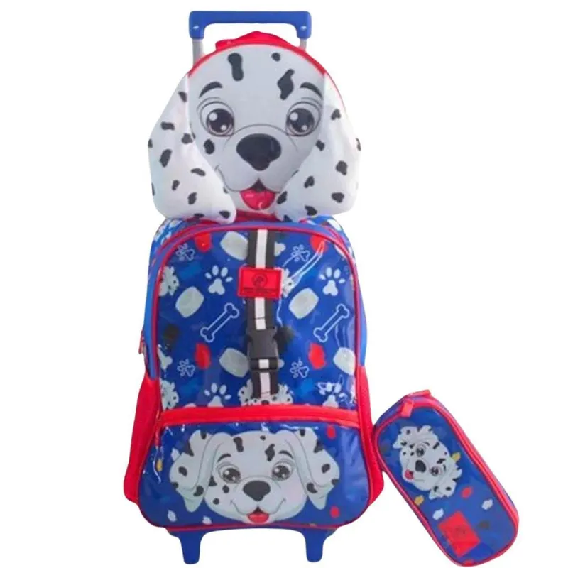 Kit Mochila Rodinha Lancheira Estojo Duplo Dogs Cachorro Dalmata Azul Yepp