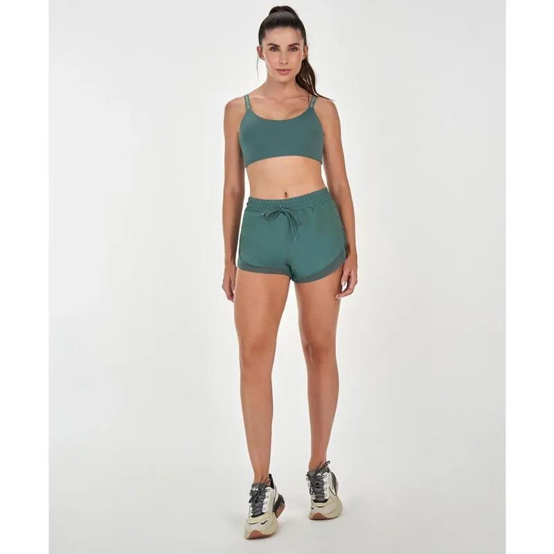 Short Alto Giro Feminino Recortes Tule Regulagem Cós Fitness