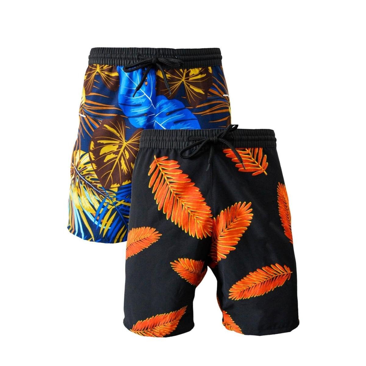 KIT 2 Bermudas Praia Masculina Short Tactel com elastano - Preto Floral - GG