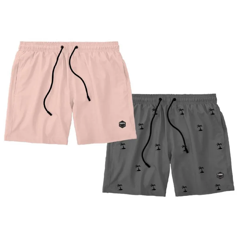 Kit 2 Shorts Bermuda Estampado Masculino Mauricinho Tactel - Rosa+Cinza