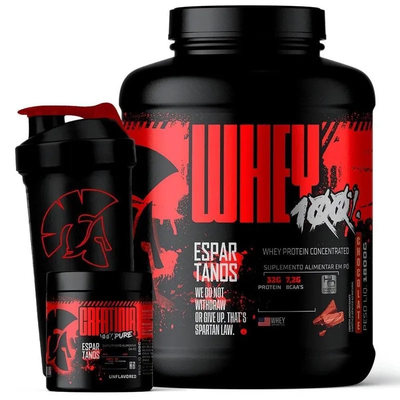 Kit Whey Protein Concentrado 100% 1800g + Creatina 100g + Coqueteleira - Espartanos