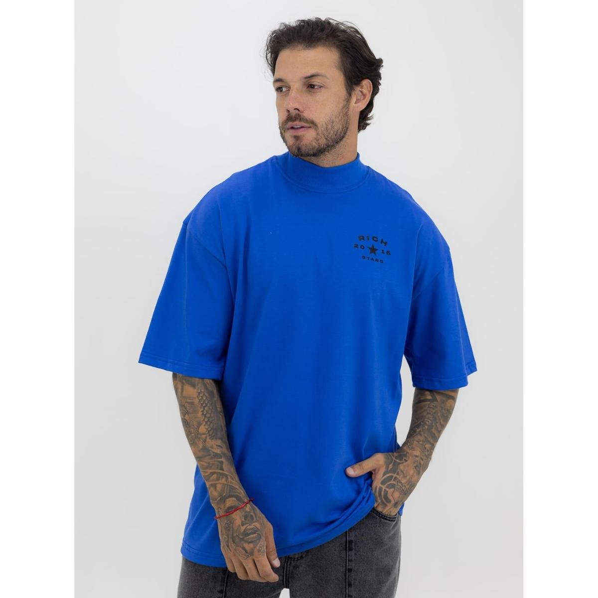 Camiseta Oversized Gola Alta Star Black Alto Relevo Streetwear Algodão Premium Azul Royal