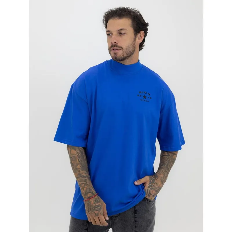 Camiseta Oversized Gola Alta Star Black Alto Relevo Streetwear Algodão Premium Azul Royal