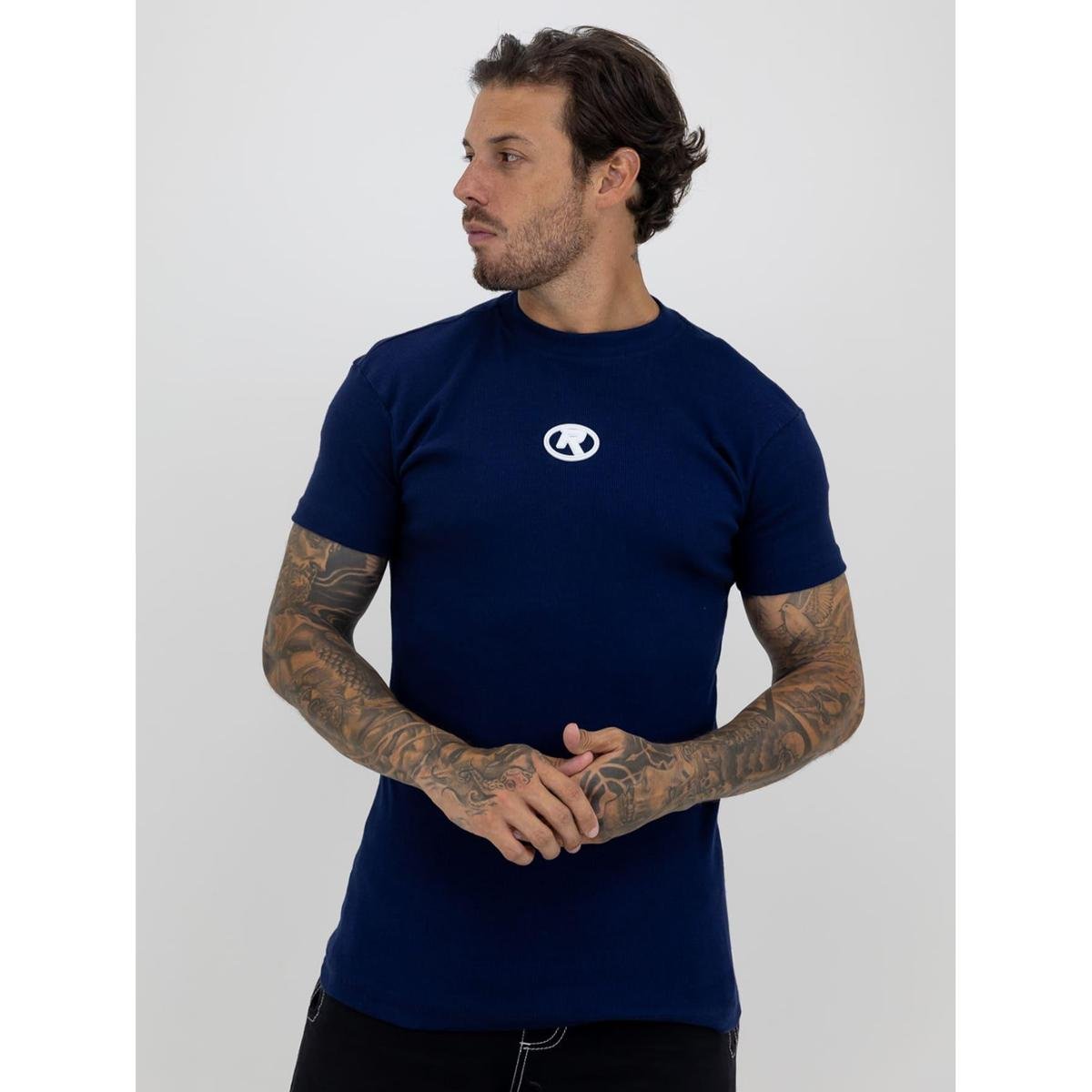 Camiseta Slim Canelada Borracha Círculo White Estilo Americano Streetwear Justa ao Corpo Ribana Azul