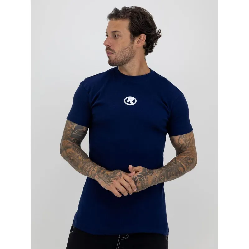 Camiseta Slim Canelada Borracha Círculo White Estilo Americano Streetwear Justa ao Corpo Ribana Azul