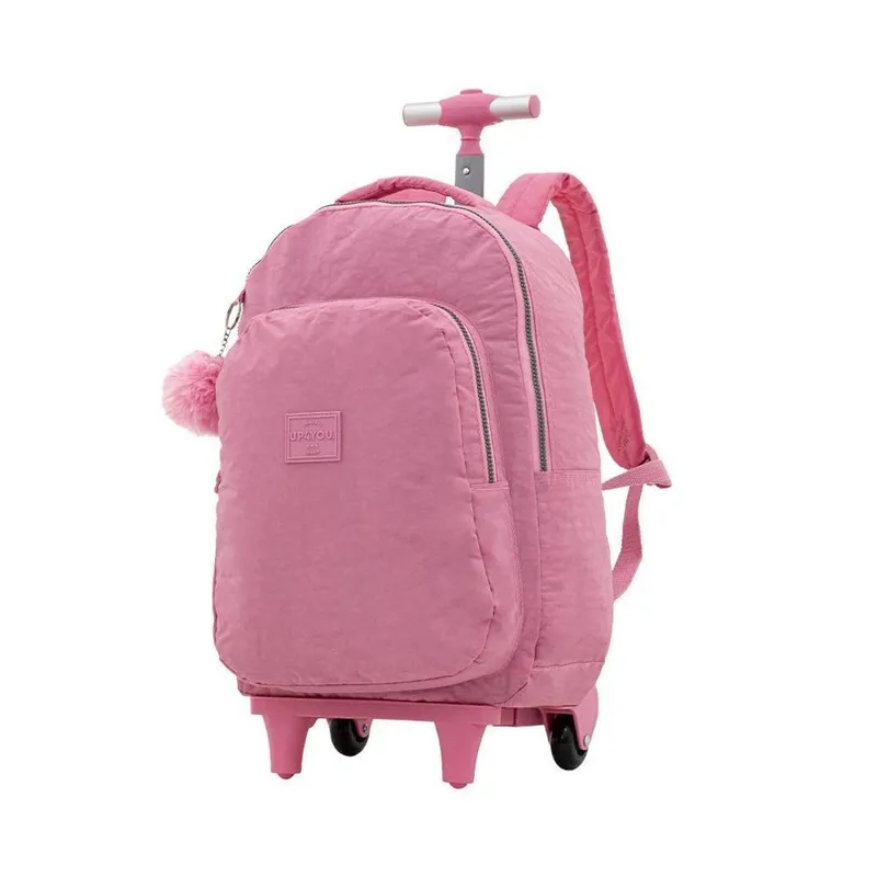 Mochila Carrinho Rosa Kids Tecido Crinkle Chaveiro Pompom | Luxcel