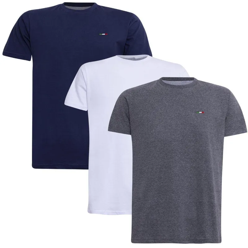 Kit Camiseta Industrie Básica Bordada Itália Clássico Algodão Premium Masculina 3 peças Cores