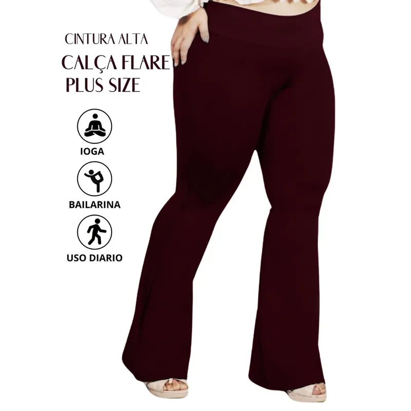 Calça Flare Bailarina Plus Size G1 G2 G3 G4 Cós Alta Em Suplex WOLFOX