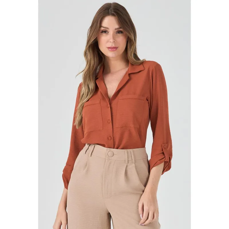 Camisa PKS Manga Longa Bolso Bordado Terracota-GG