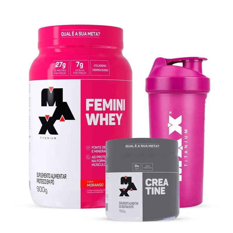 Combo Whey Feminino 900g, Creatina 150g e Coqueteleira Max