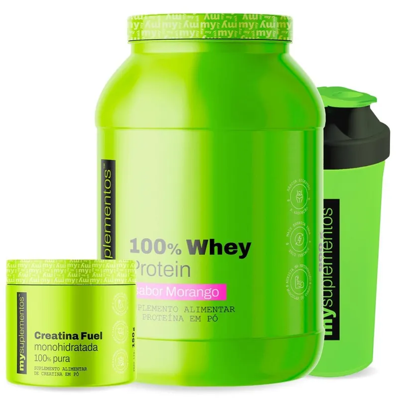 Kit Whey Protein Concentrado 900g, Creatina Pura 150g e Coqueteleira – My Suplementos