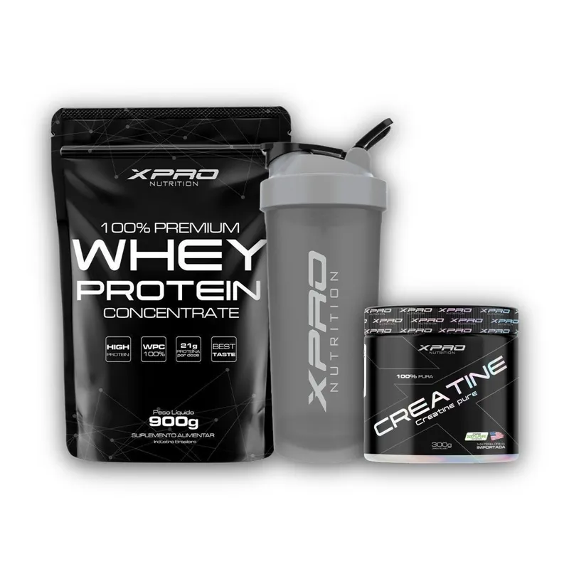 Kit Whey Protein Concentrado 900g + Creatina Pura 300g + Coqueteleira 700ml - Xpro Nutrition