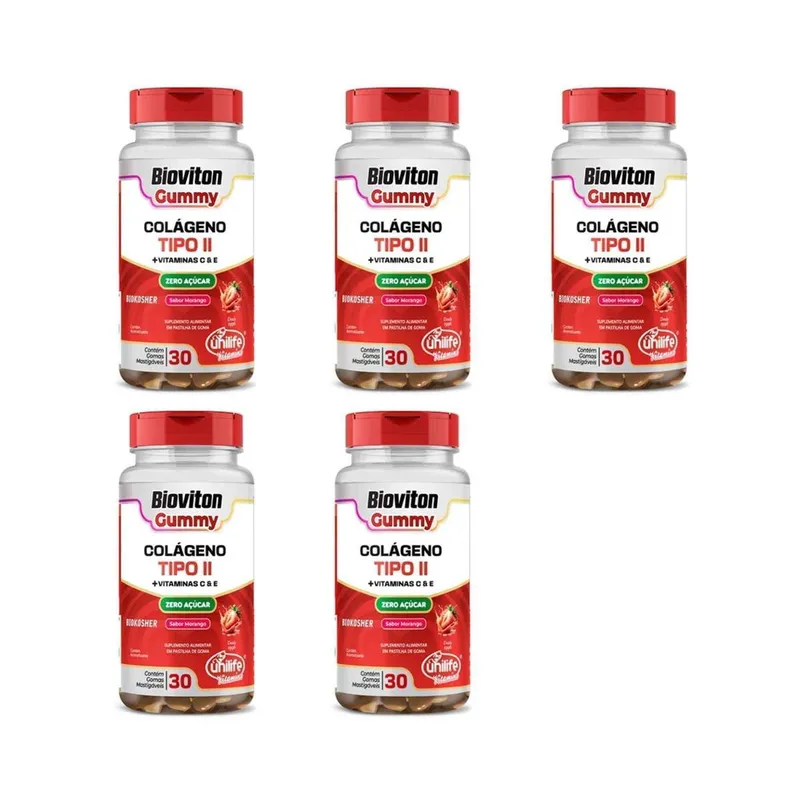 Kit 5 Colágeno Tipo II 5x30 gomas Vitamina C e E Unilife Bioviton