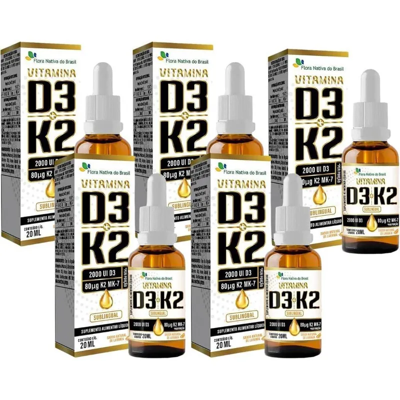Kit Com 05 - Vitamina D3 + K2 Em Gotas Sabor Laranja 20ml Flora Nativa