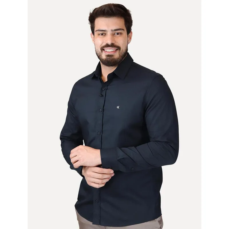 Camisa Calvin Klein Jeans Masculina Regular Plain Light CK Logo Azul Marinho