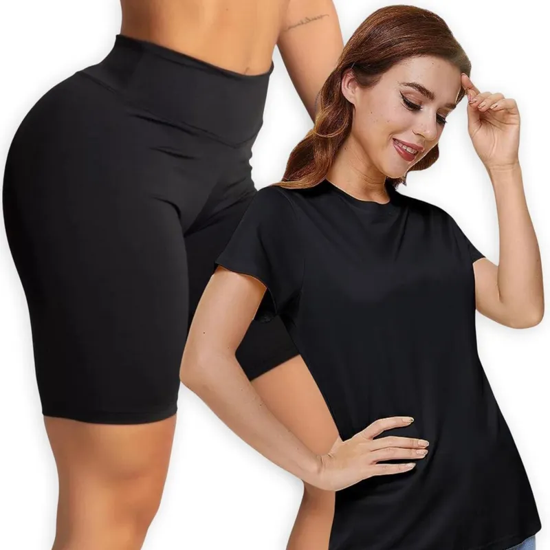 Kit Short Legging BÁSICO Cós Alto + Camiseta Fitness POLIAMIDA Cor:;Tamanho:GG;Gênero:Feminino