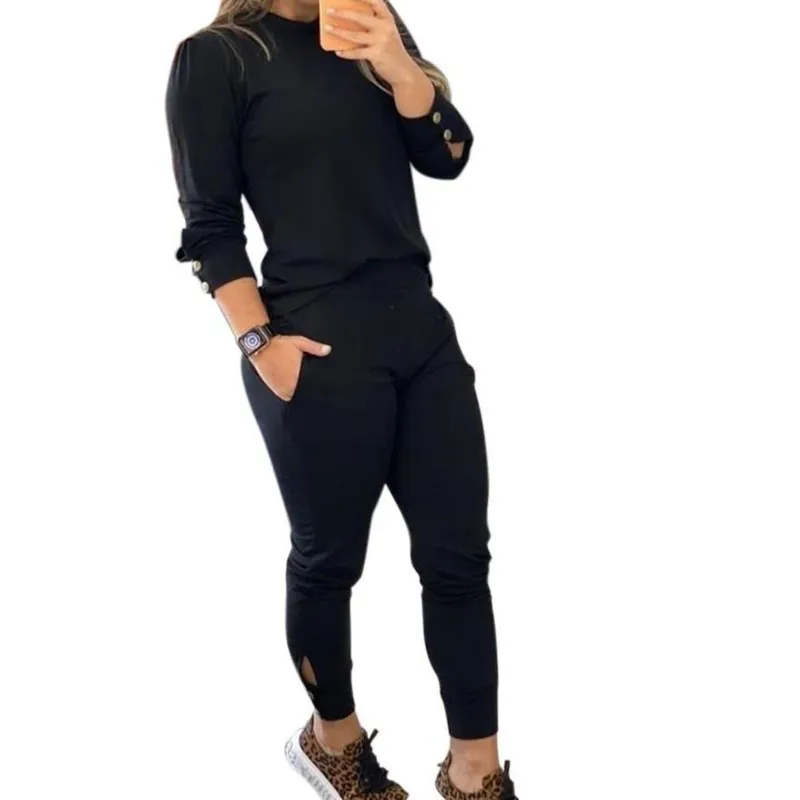 Conjunto Moletinho Feminino Calça e Blusa Longo Com Detalhe Botão