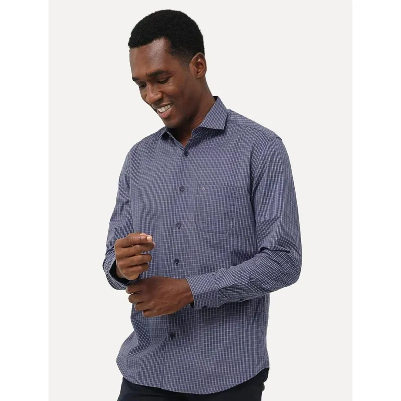 Camisa Aramis Masculina Regular Tricoline Micro Xadrez Azul Marinho