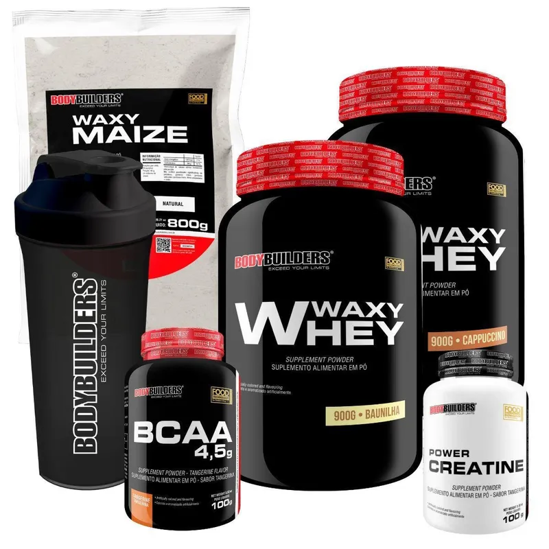 Kit 2x Whey Waxy Whey 900g+ BCAA 100g+ Creatina 100g+ Waxy Maize 800g+ Coq- Bodybuilders