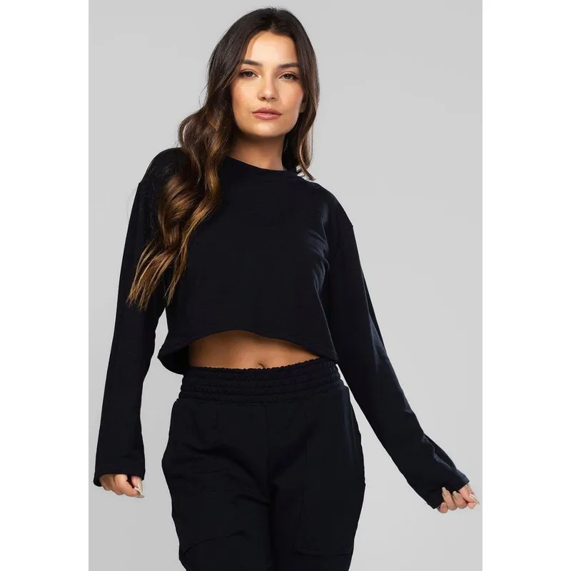 Casaco Cropped Manga Longa Moletinho Feminino Moda Casual