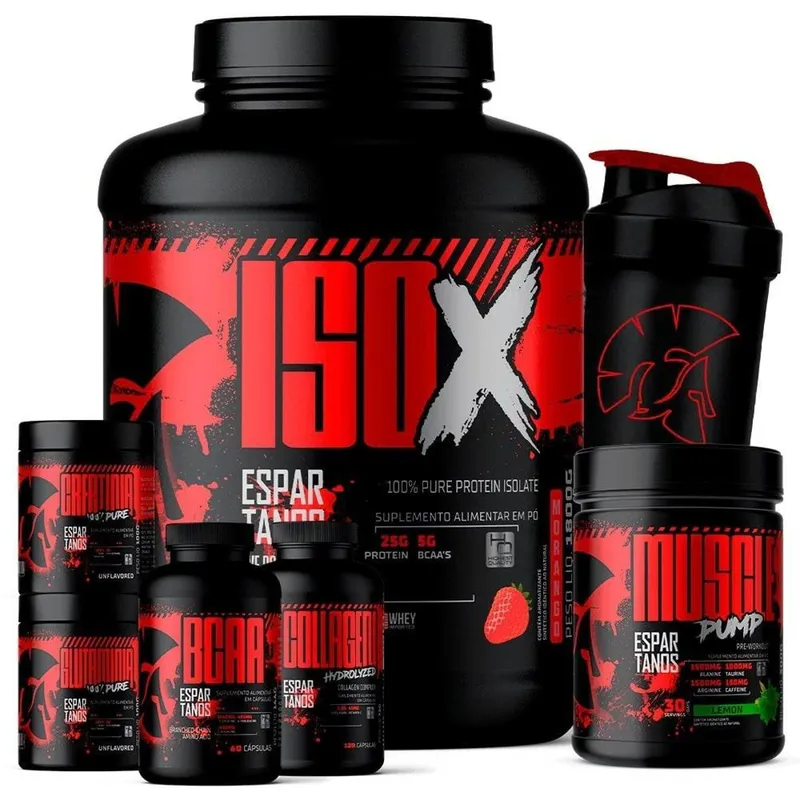 Kit Whey Protein ISO X 1800g + Creatina 100g + BCAA + Glutamina 100g + Colágeno + Pré Treino+ Shaker
