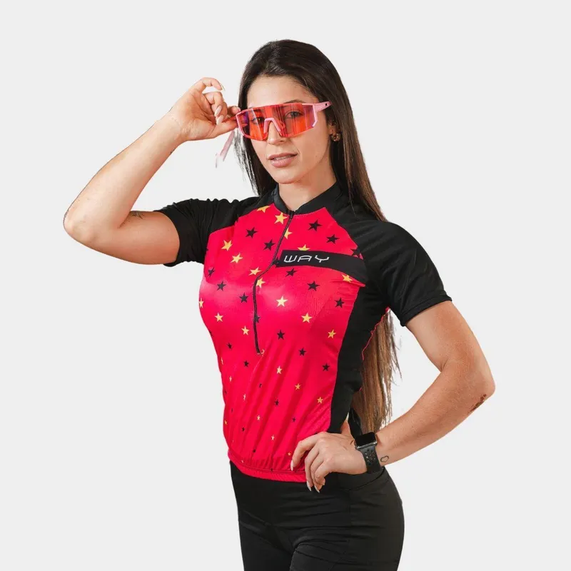 Conjunto Inverno de Ciclismo Feminino Camisa Rosa Estrelado PRO Manga Curta Calça de Forro Gel