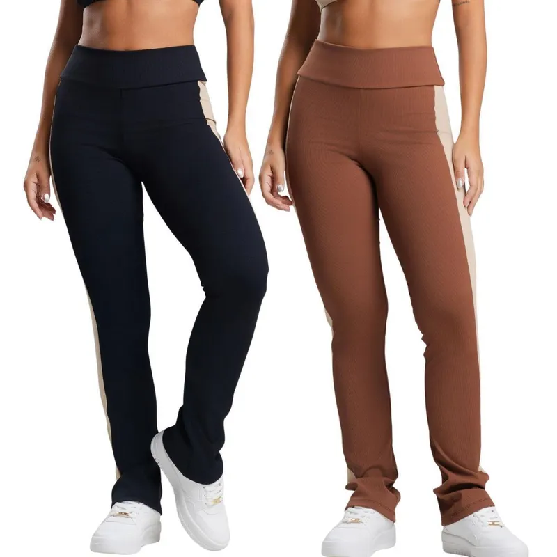 KIT 2 Calça Fitness Canelado Feminino Serra e Mar Academia Cintura Alta Poliamida Fitness Musculação