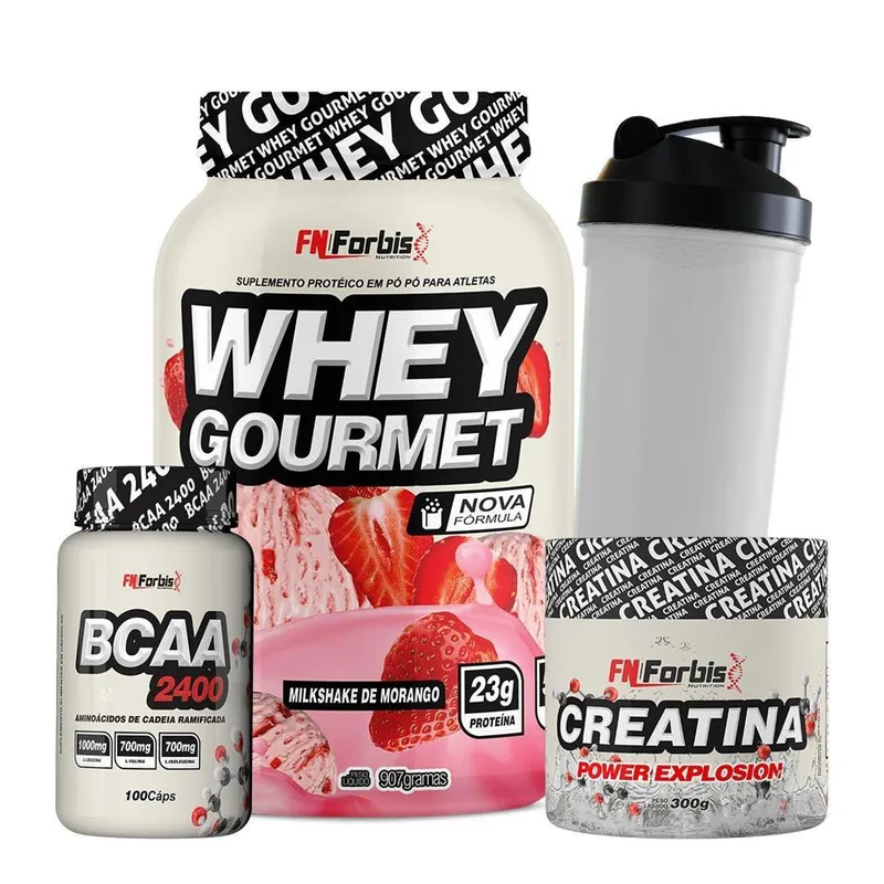 Kit Whey Protein Gourmet + Creatina 300g + BCAA 100 cáps + Coqueteleira - FN Forbis Nutrition