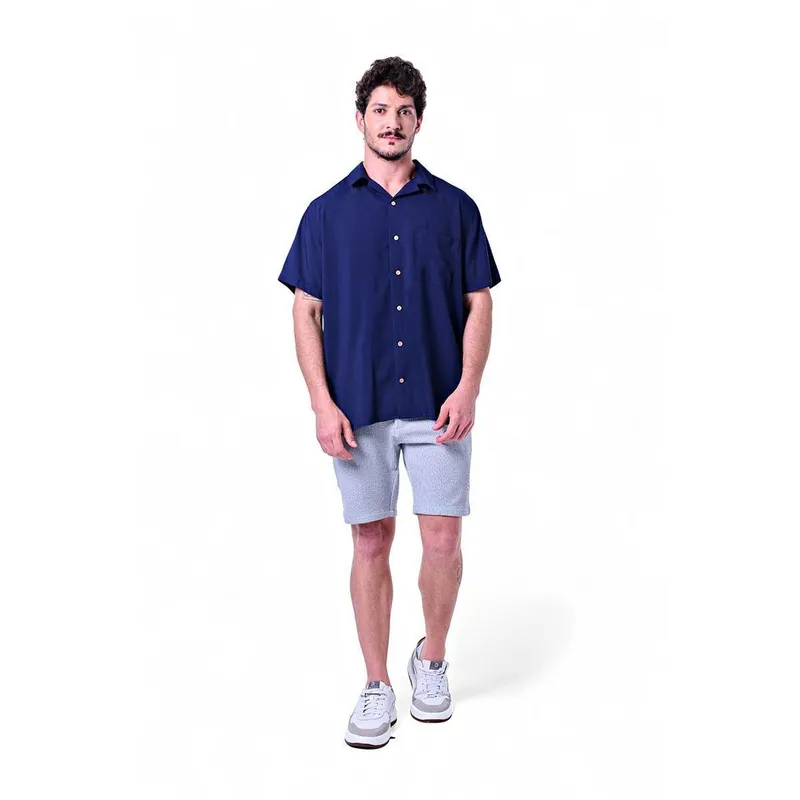 Camisa Masculina Manga Curta Gola Hawaii Viscose Pacific Blue