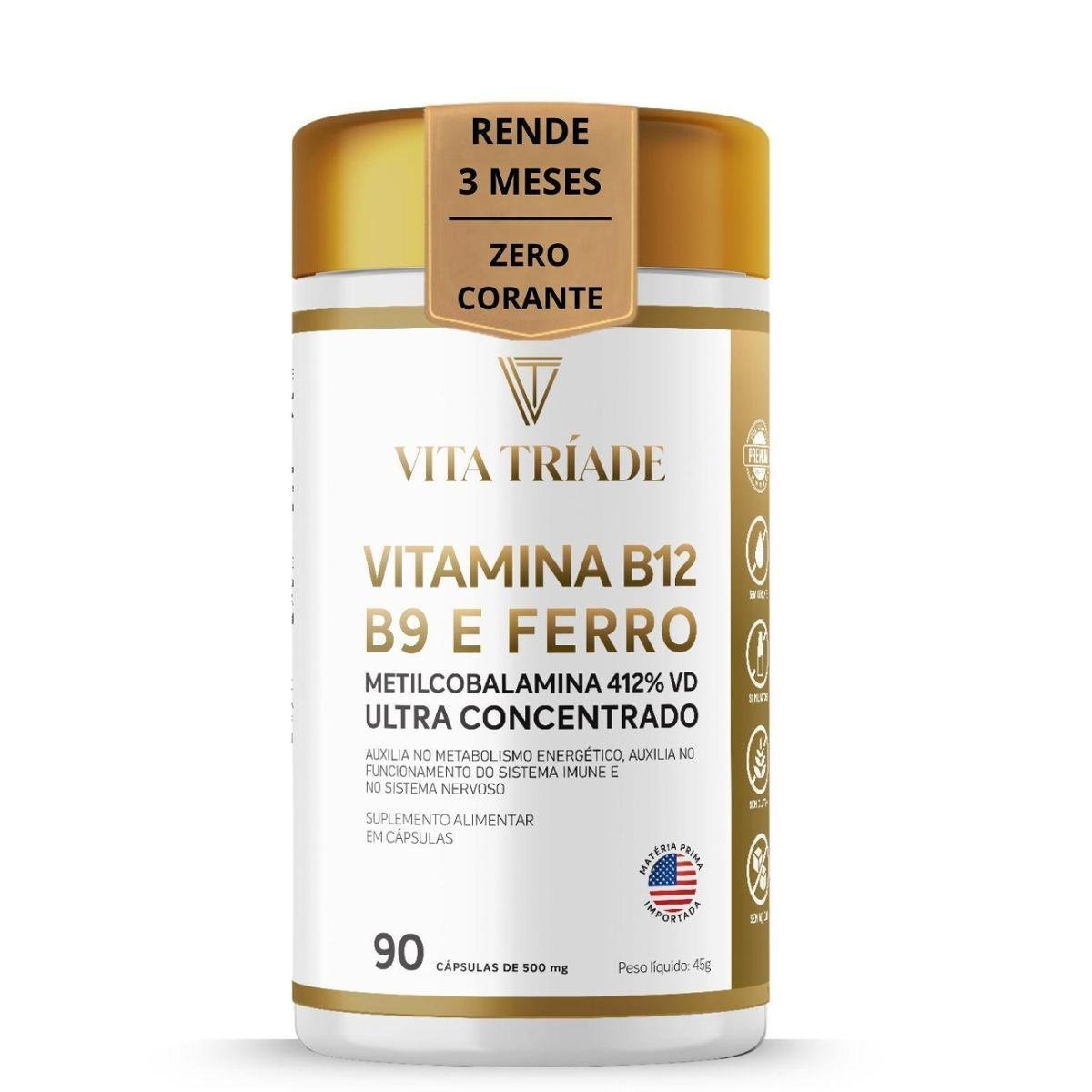 Vitamina B12 Metilcobalamina + Ácido Fólico e Ferro 90 Cápsulas Rende 3 meses