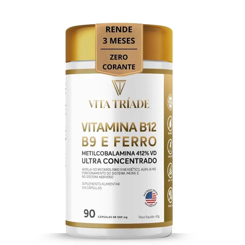 Vitamina B12 Metilcobalamina + Ácido Fólico e Ferro 90 Cápsulas Rende 3 meses