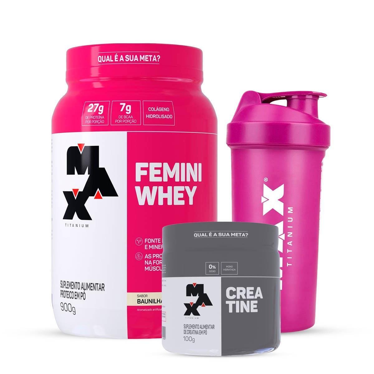 Combo Whey Feminino 900 Gr, Creatina 100g e Coqueteleira Rosa