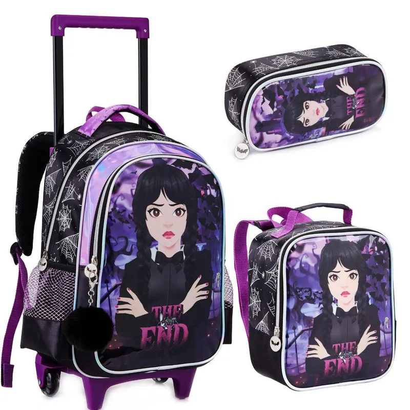 Kit Mochila Rodinha Lancheira Estojo Infantil Escolar Menina Wandinha Addans Denlex