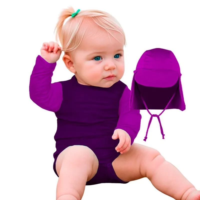 Body Bebê Manga Longa Infantil c/Boné Térmico Proteção Solar UV 50+ Banho Praia Piscina