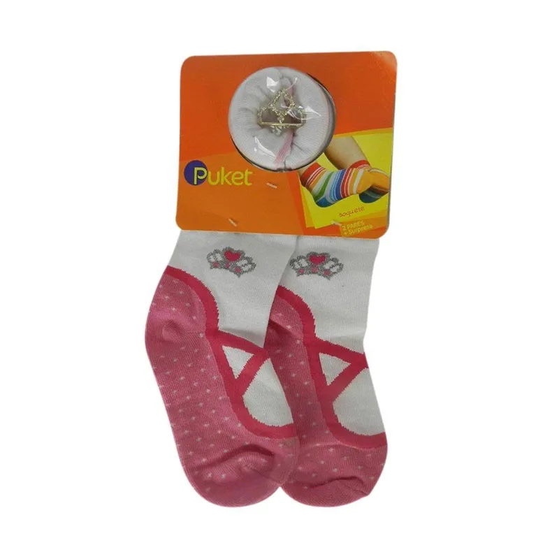 Meia Infantil Menina Puket Soquete 2 Pares + Surpresa 8296