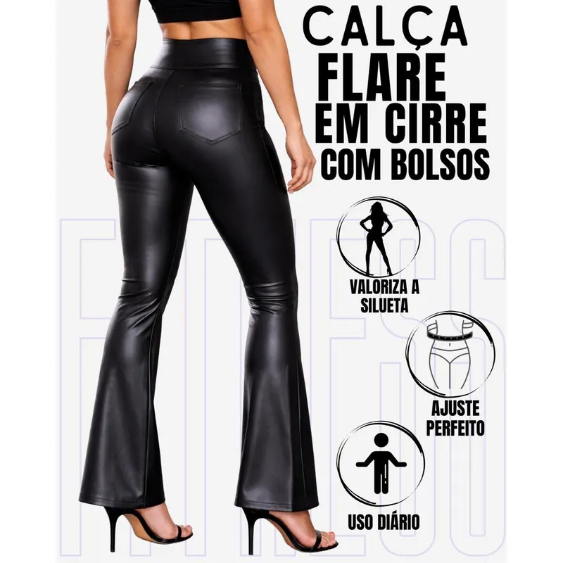 Calça Flare Bailarina Em Cirre Imita Couro Com Bolsos Elegante Casual WOLFOX