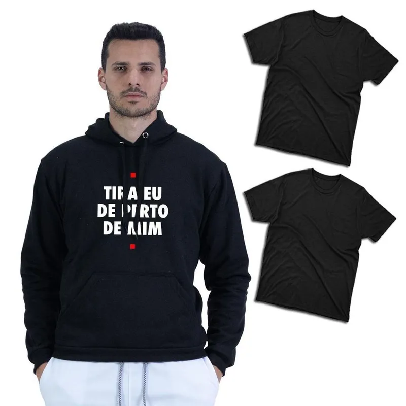 Kit 2 Camisas Lisas Masculina Com Moletom de Frio Canguru Capuz Ajustavel Algodao Design Moderno