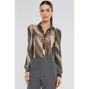 Camisa PKS Tule Manga Longa Estampa Leaves