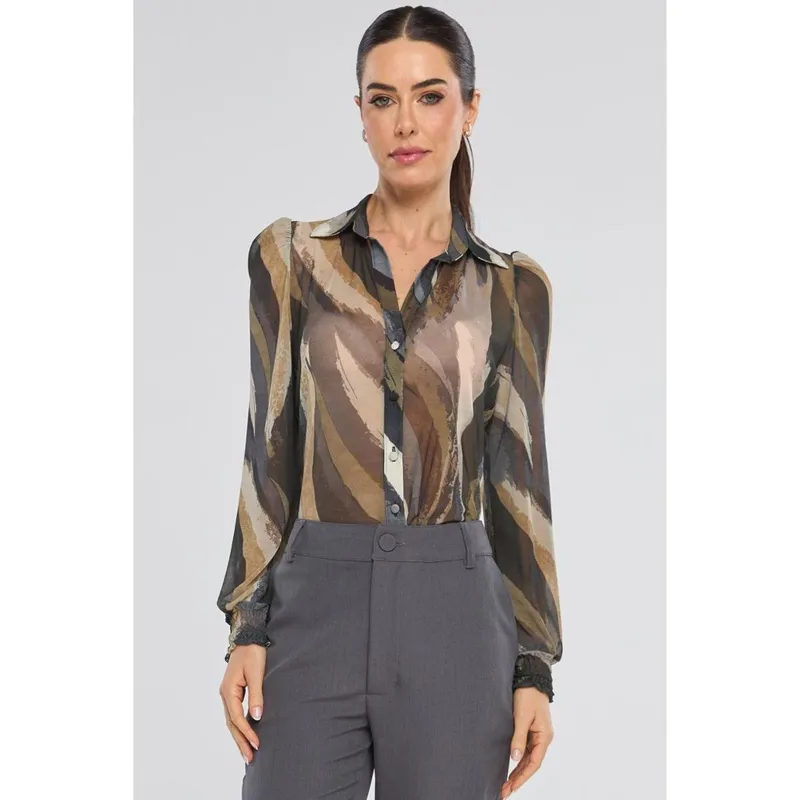 Camisa PKS Tule Manga Longa Estampa Leaves